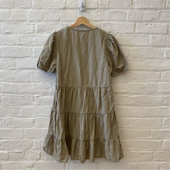 Zara || Tiered Mini Dress Puff Sleeve Linen Blend Khaki Olive Green Small