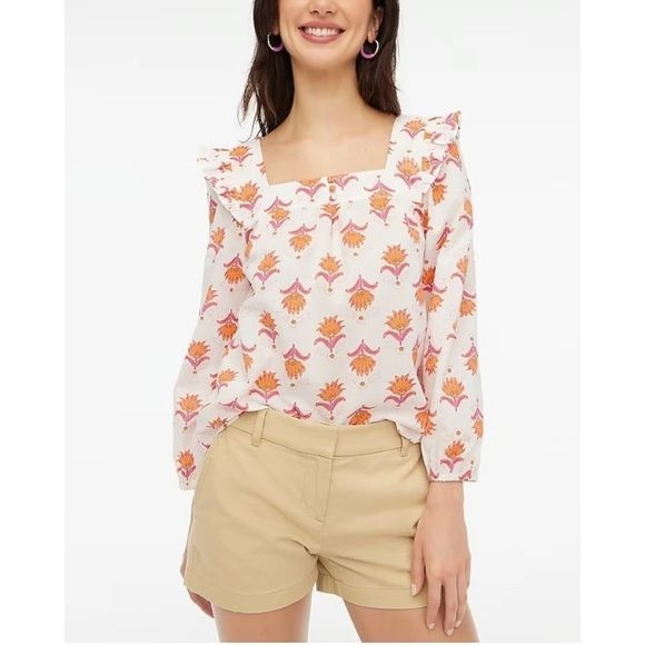 J. Crew || Squareneck Ruffle Top Floral Block Print Orange Pink Cotton Medium