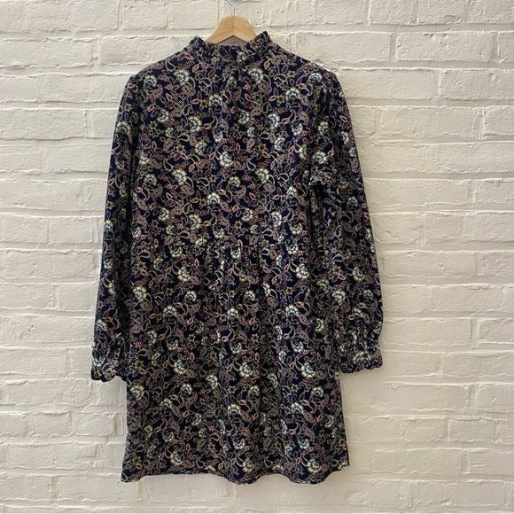 Boden || Ruffle Neck Cord Shirt Dress French Navy Exotic Floral 12 NWT