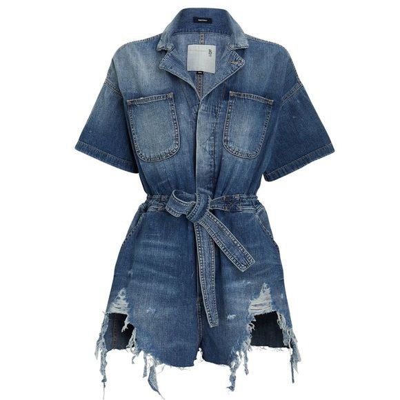 R13 || Mick Belted Distressed Denim Romper Cohen Blue Small