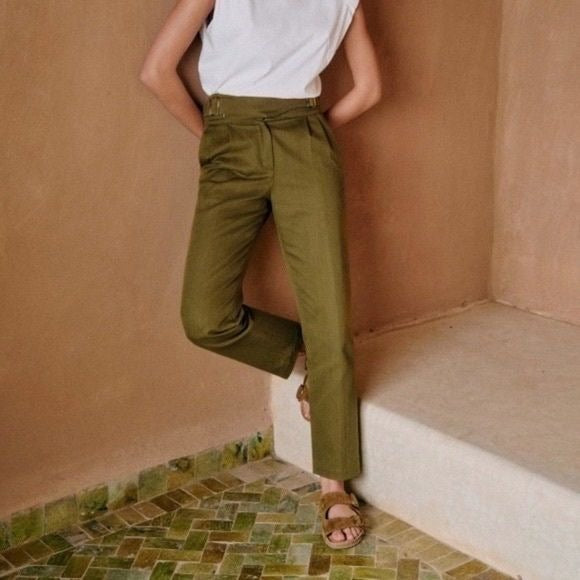 Sezane || Francky Trousers Buckle Linen Blend Olive Green Khaki 36 US 4