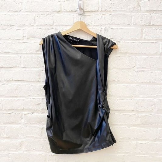 Zara || Faux Leather Draped Top Twist Ruched Black XXL NWT