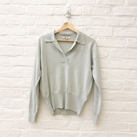 Madewell || Polo Sweater Collared V Neck Merino Wool Mint Seafoam Green Small