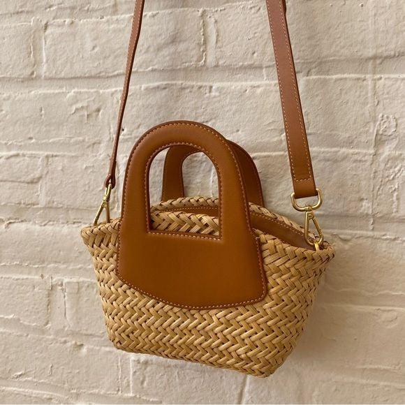 J.Mclaughlin || Wanda Rattan Crossbody Leather Woven Bag Tan