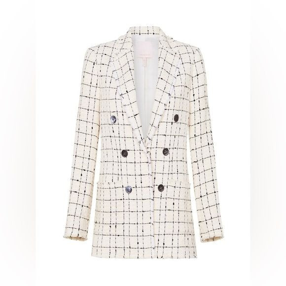 Rebecca Taylor || Tweed Plaid Check Fringe Blazer Double Breasted Cream Black 8