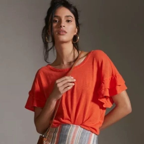 Anthropologie || Pilcro Heritage Femme Short Ruffle Sleeve Tee Orange XXS