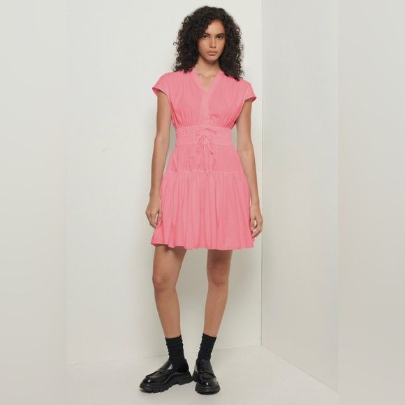 Derek Lam 10 Crosby || Tora Smocked Waist Mini Dress Bows Pink 4