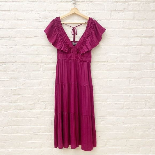 Anthropologie || Ruffled Tiered Midi Dress Raspberry Small