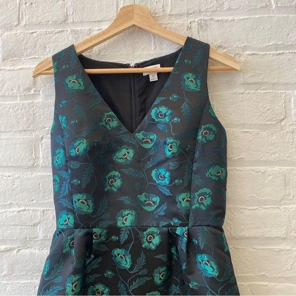 J. Crew || Jacquard V-neck Cocktail Dress Floral Green Black 2