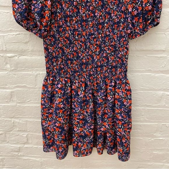 Parker || Floral Smocked Tiered Ruffle Mini Dress Square Neck Blue Red Small