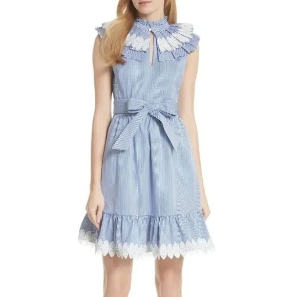 Ted Baker || Kikkii Frill Bib Lace Applique Dress Fit & Flare Keyhole Blue US 4