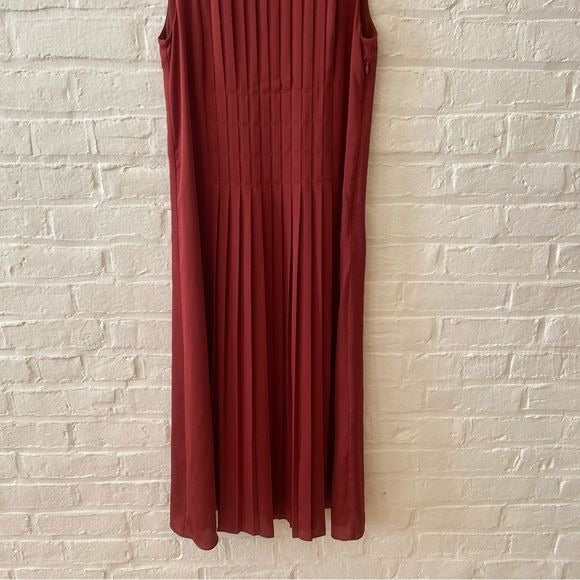 Lafayette 148 New York || Sandrine Pleated Satin Midi Dress Brick Red XS