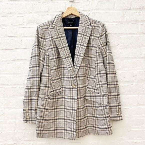 Talbots || Long Single Button Blazer in Foliage Plaid Cream Tan 12