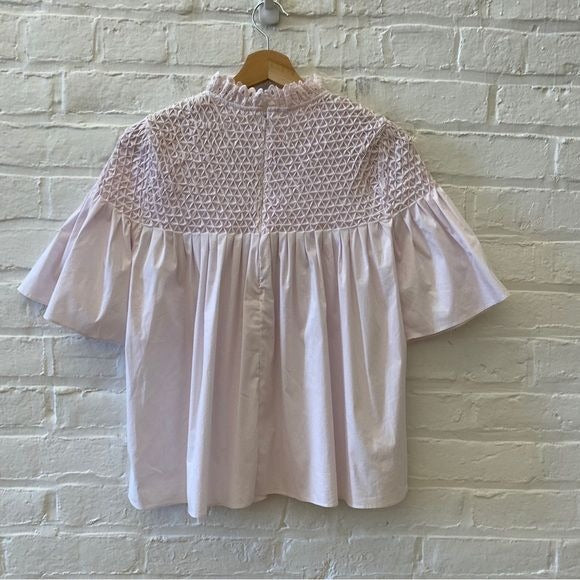 Rebecca Taylor || Short Sleeved Sateen Smock Top High Eyelet Neck Blush Pink 6