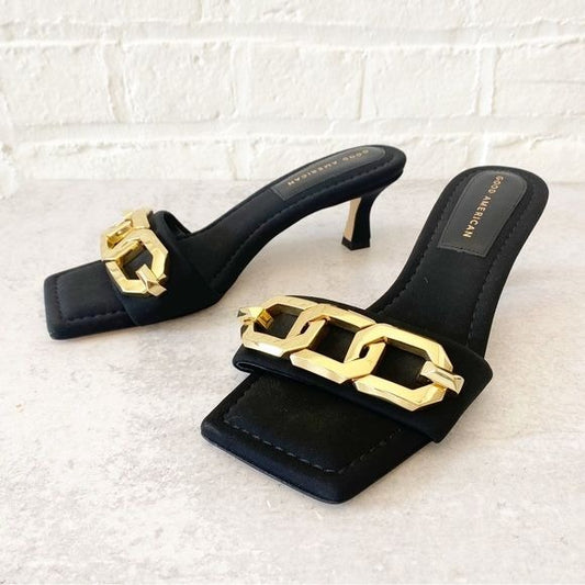 Good American || Single Strap Chain Mule Sandals Heels Black Gold 7.5