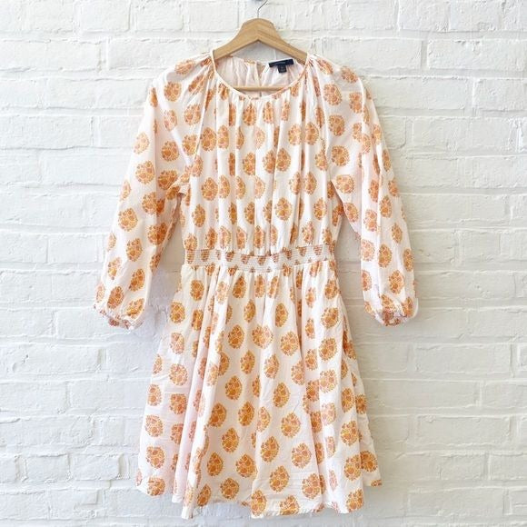 J. Crew || Smocked Waist Mini Dress Long Sleeve Floral Block Print Orange Medium