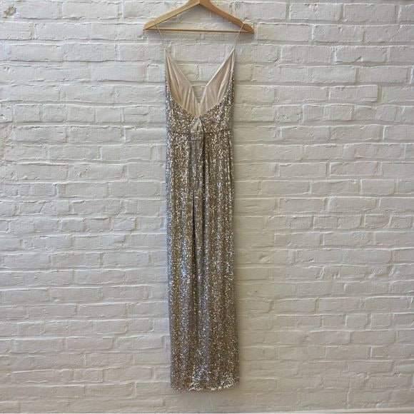 Aidan by Aidan Mattox || Sequined Column Gown Plunge Slit Gold Champagne 6