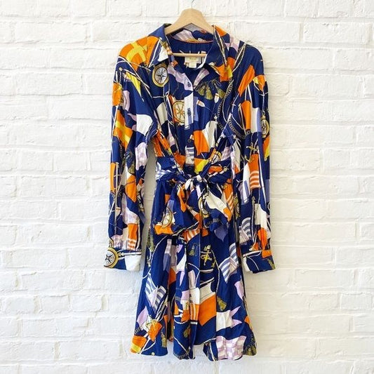 Anthropologie || Maeve Mini Shirtdress Nautical Boats Belted Navy Large