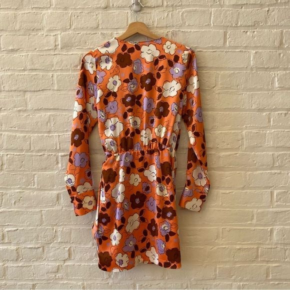 Zara || Floral Satin Faux Wrap Mini Dress Long Sleeve Orange Purple XS