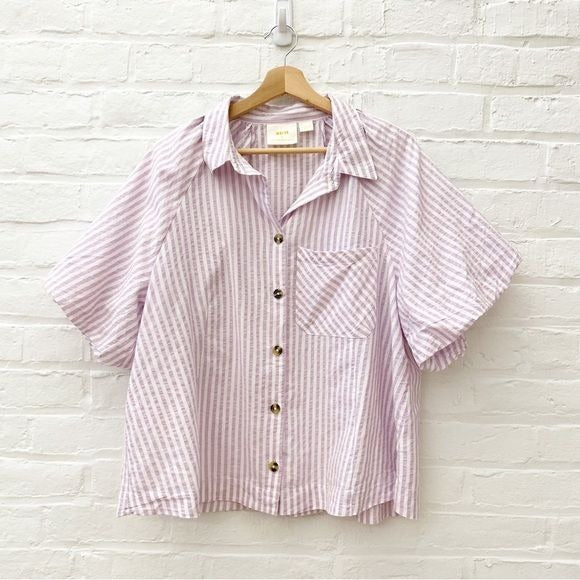 Anthropologie || Maeve Bubble-Sleeve Blouse Button Down Striped Lavender XL