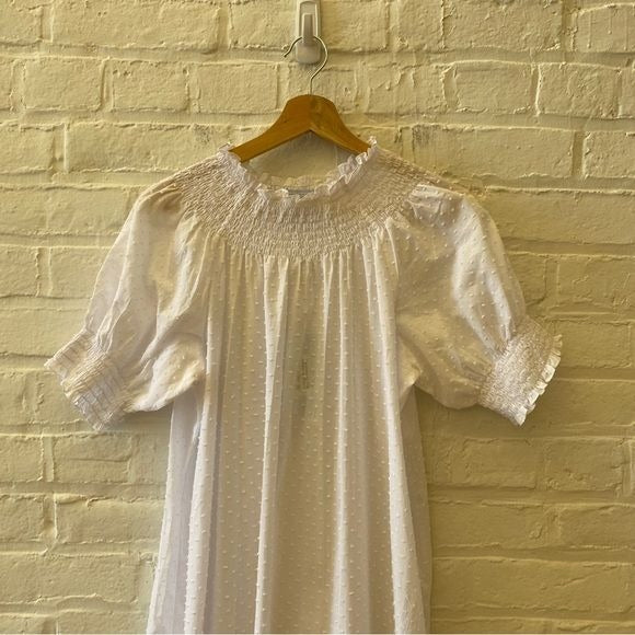 Hill House || The Caroline Nap Dress Smocked Maxi Bright White Swiss Dot L NWT