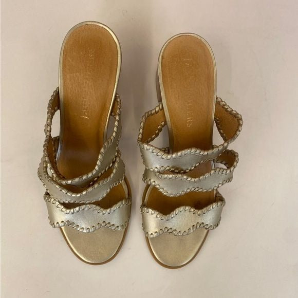 Jack Rogers || Logan Mid Heel Sandals Block Strappy Platinum Gold 10