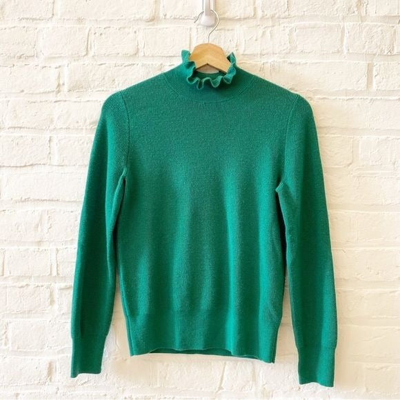 J Crew || Ruffleneck Merino Wool Sweater High Ruffle Neck Green XS