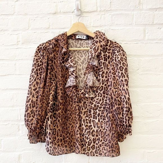 RIXO || Aaliyah Ruffled Leopard-Print Chiffon Blouse Brown XS