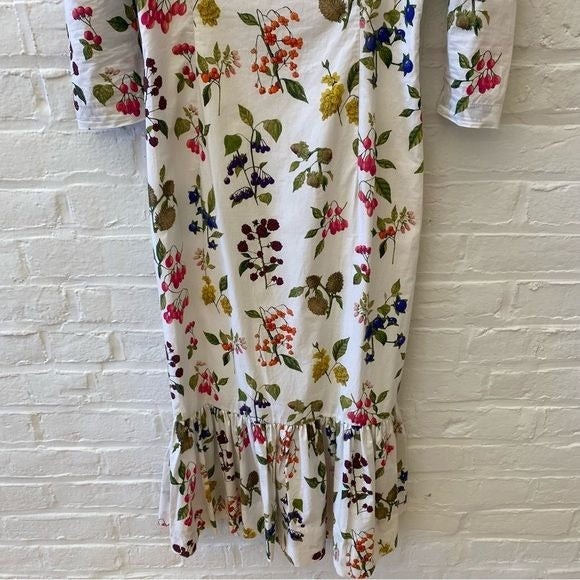 Cara Cara || Busy Poplin Floral Botanical Midi Dress Cotton Smocked White 2 NWT