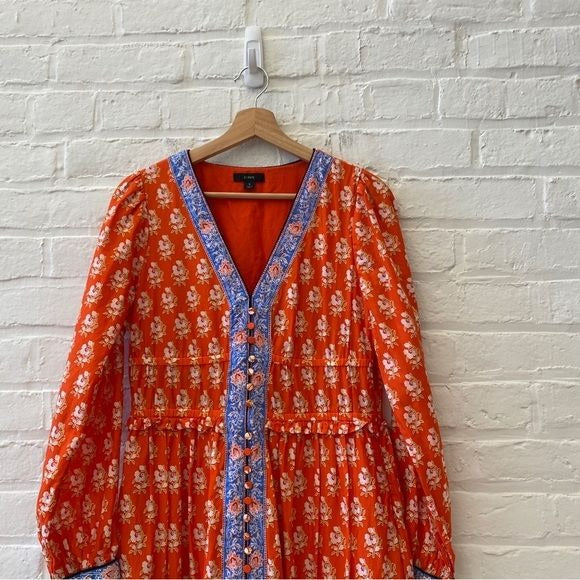 J.Crew || Button-up Tiered Dress in Classic Block Print Orange Blue 8