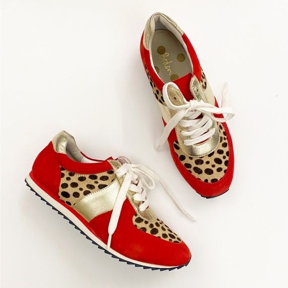 Boden || Hannah Comfort Sneakers Suede Cheetah Leopard Pony Hair Red Gold 37