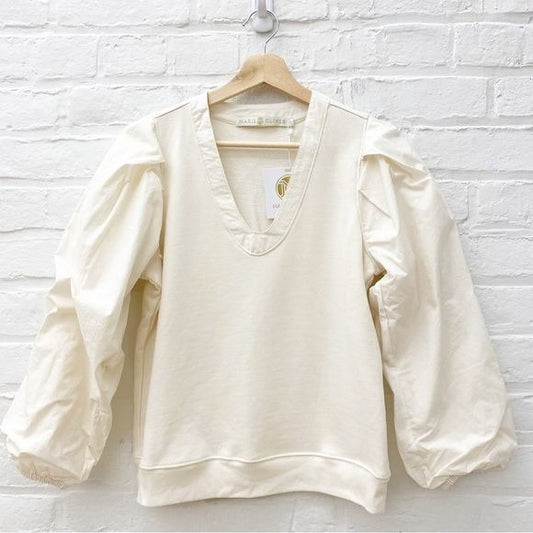 Marie Oliver || Bianca Pullover Puff Sleeve Sweatshirt Terry Poplin Ivory S NWT