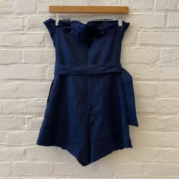 Alexis || Brin Strapless Belted Frill Ruffle Romper Navy Blue XS