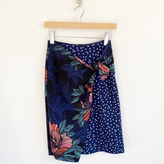 Anthropologie || Maeve Petal Pop Floral Polka Wrap Pencil Skirt Navy 0