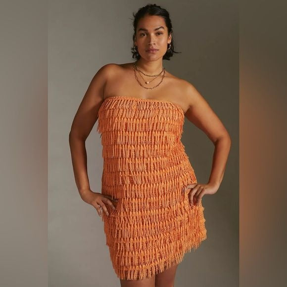 Anthropologie || LetMeBe Fringed Tube Strapless Mini Dress Orange Peach S NWT