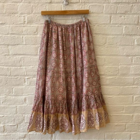 Bell by Alicia Bell || Block Printed Midi Maxi Skirt Pink Small