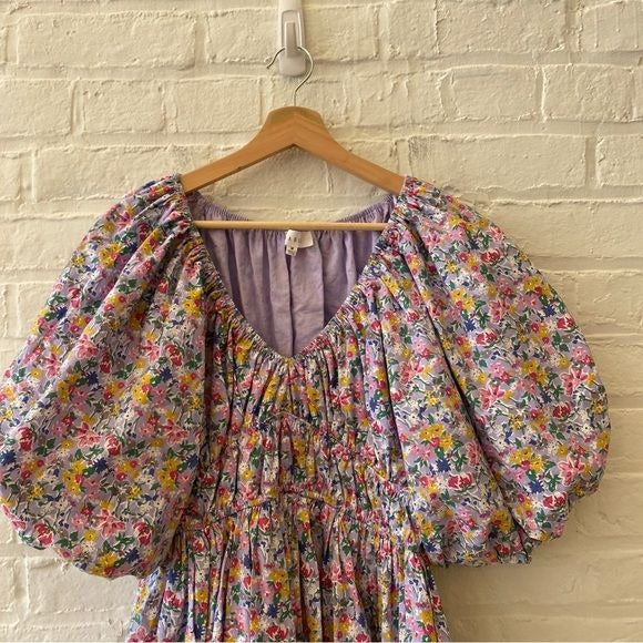 Mable || Puff Sleeve Mini Dress V-Neck Floral Lavender Medium