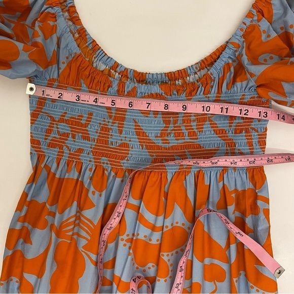 La Ligne || Amy Puff Sleeve Smocked Maxi Dress Periwinkle Tangerine Orange L NWT