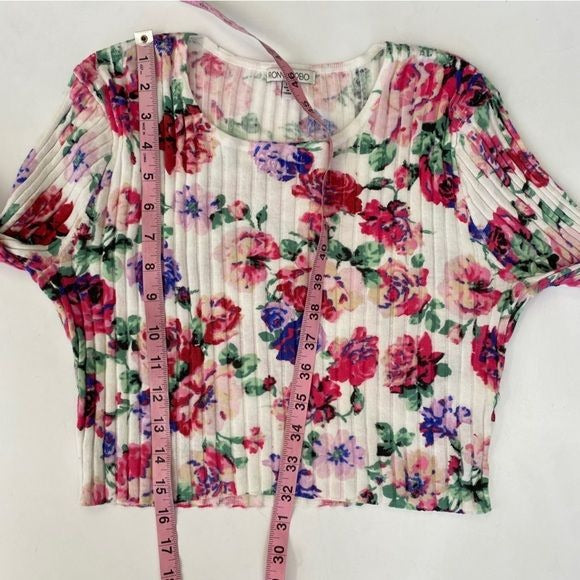 Ronny Kobo || Magda Ribbed Floral Crop Top Bell Sleeve White Pink Medium