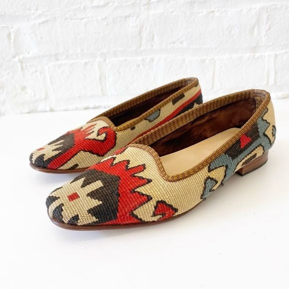 Kilim Wool Textile Carpet Loafers Smoking Shoes Tan Red 7