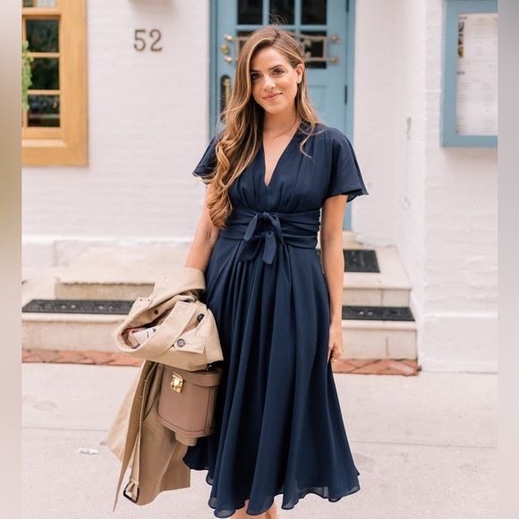 Gal Meets Glam || Jane Tie-Waist Fit & Flare Midi Tea Dress Navy Blue 6