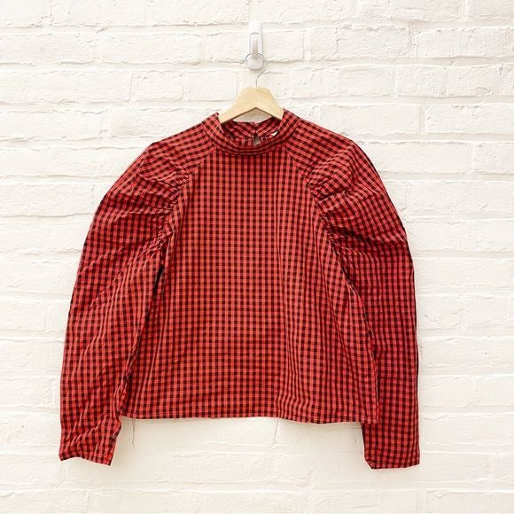 H&M || Gingham Check Plaid Puff Sleeve Blouse Top Red Black Large NWT