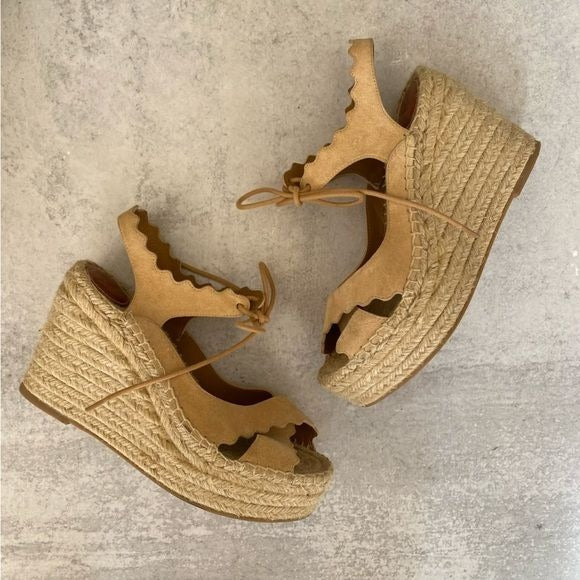 Chloe || Tie Ankle Scalloped Strappy Espadrille Platform Wedge Tan 37