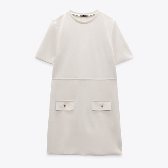 Zara || Faux Suede Shift Dress pickets Buttons Cream Medium