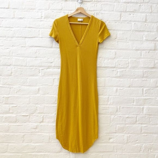 Aritzia || Wilfred Free Corin Ribbed V-Neck Midi Dress Yellow Gold Small