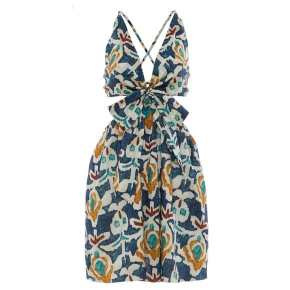 Charina Sarte || Ikat Cut-Out Cotton Mini Dress Bow Open Back Lace Up Teal Small