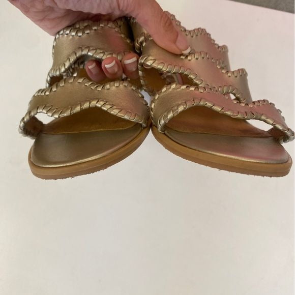 Jack Rogers || Logan Mid Heel Sandals Block Strappy Platinum Gold 10