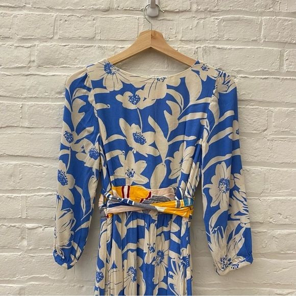 Anthropologie || Maeve Belted Kimono Floral Maxi Dress Blue Yellow 4