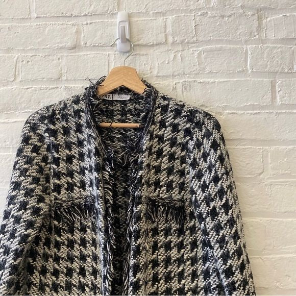 Zara || Houndstooth Tweed Long Sweater Cardigan Jacket Topper Black Small