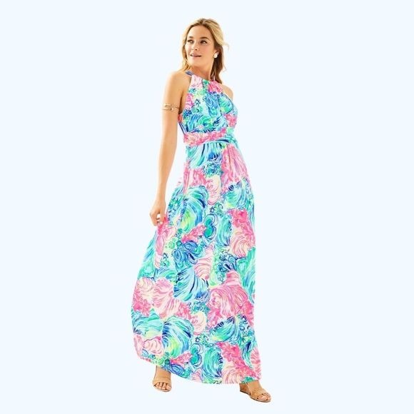 Lilly Pulitzer || Martina Halter Maxi Dress in Multi Beach Please Pink Blue XXS